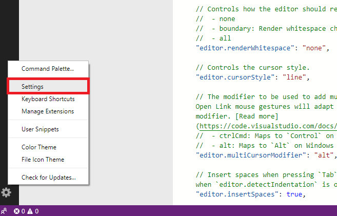 Capture d’écran de l’icône Gérer et de la commande Paramètres dans Azure Data Studio.