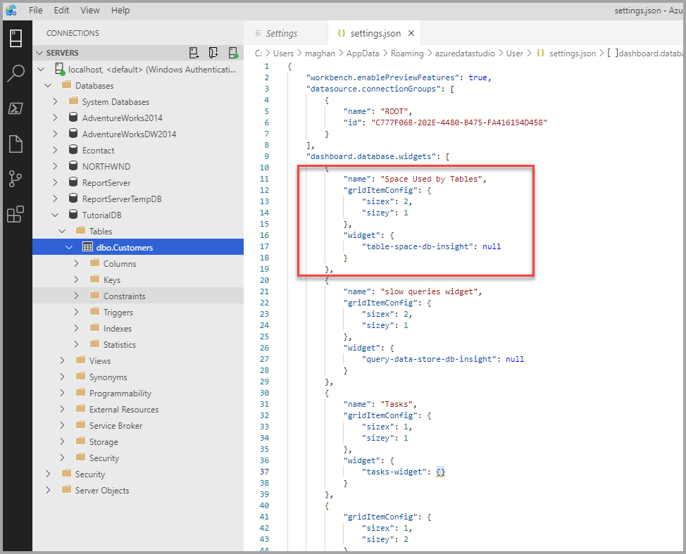 Capture d’écran du fichier settings.json avec le premier objet du tableau dashboard.database.widgets.