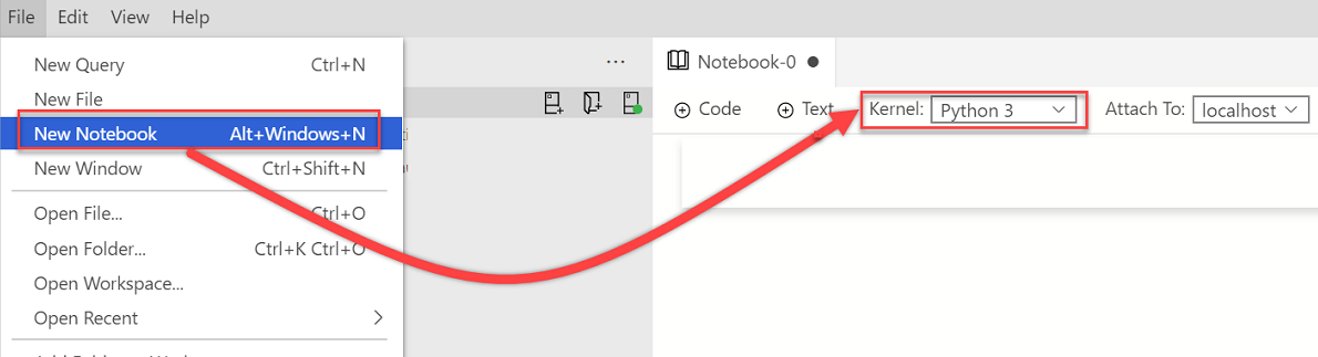 Capture d’écran qui montre l’option de menu Nouveau notebook, et la définition de la valeur du noyau sur Python 3.