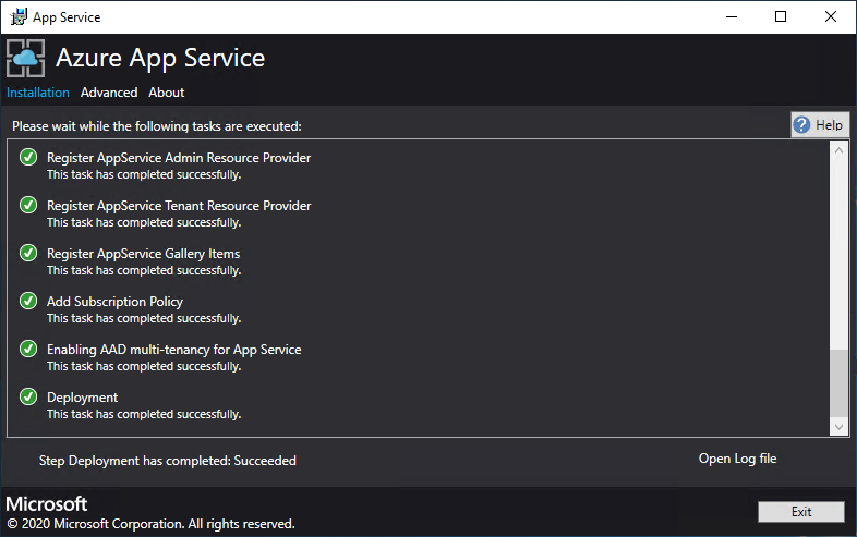 Capture d’écran montrant la progression du déploiement dans le programme d’installation App Service