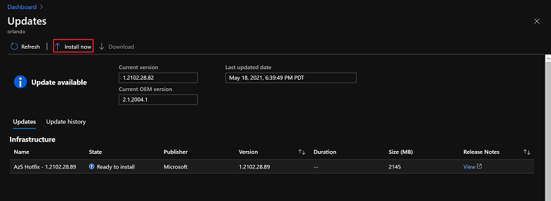 Capture d’écran montrant comment démarrer une mise à jour dans Azure Stack Hub.