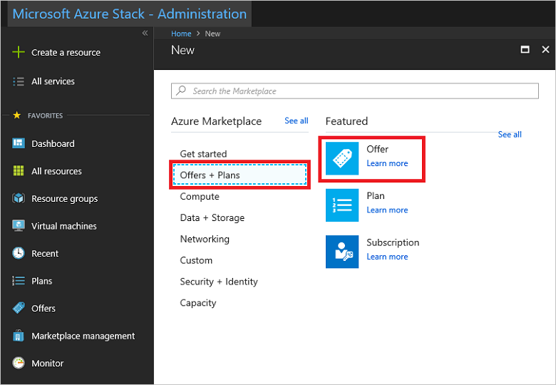 Capture d’écran montrant comment créer une offre dans Azure Stack Hub.