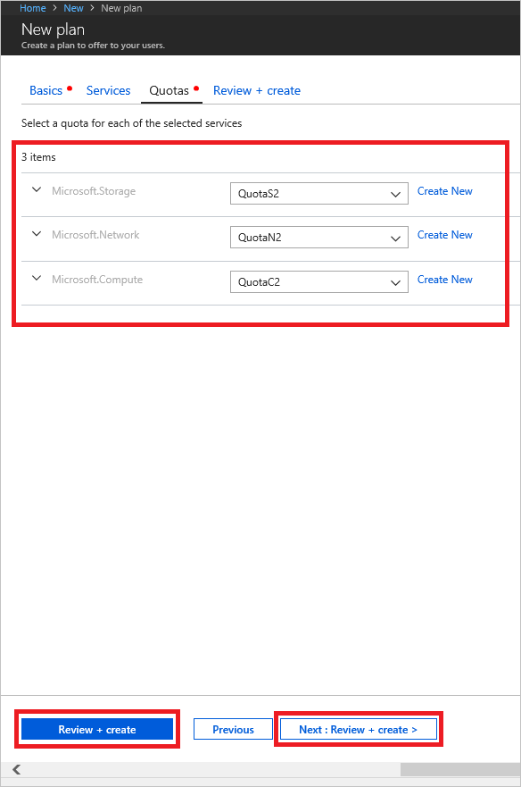 Capture d’écran montrant comment finaliser des affectations de quota pour un nouveau plan dans Azure Stack Hub.