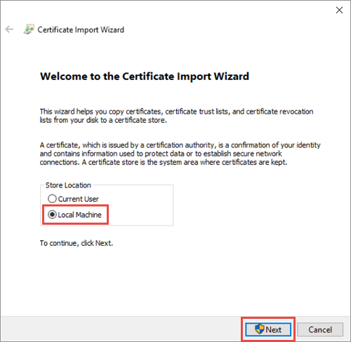 Emplacement d’importation du certificat sur la machine locale