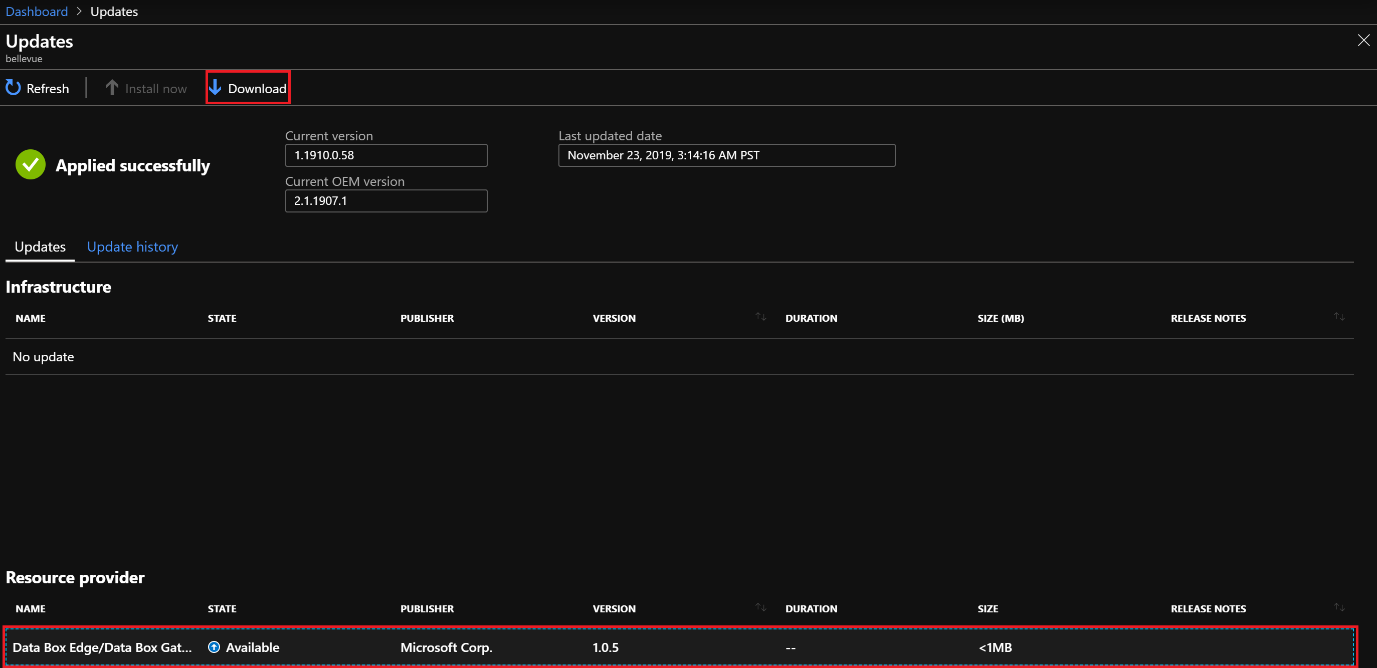 Page des mises à jour disponibles