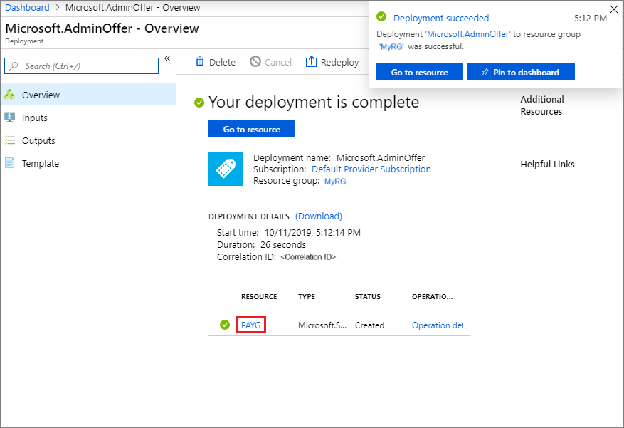 Déploiement d’offre terminé dans le portail d’administration Azure Stack Hub