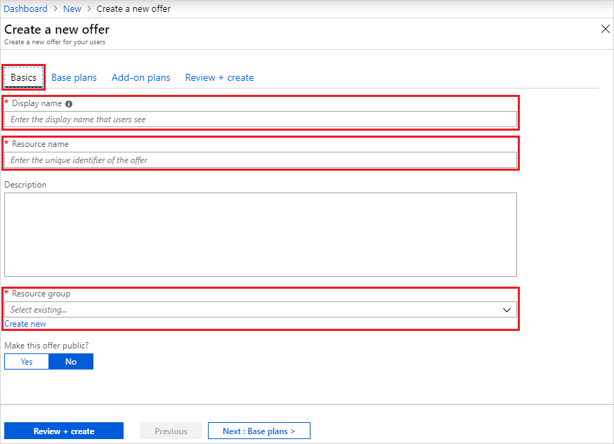 Capture d’écran montrant où ajouter des informations de base dans le portail d’administration Azure Stack Hub.