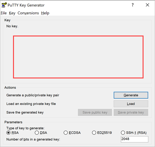 Générateur de clé PuTTY avec une zone Key (Clé) vide