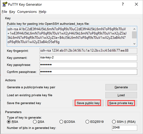 Générateur de clé PuTTY avec une zone Key remplie