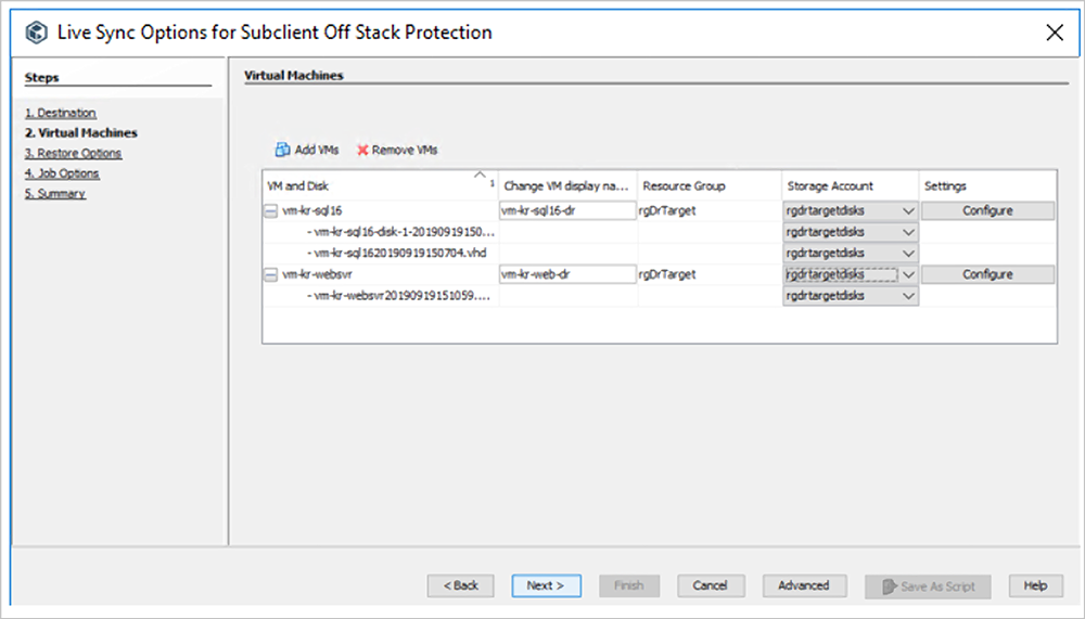 L'étape Machines virtuelles de l'Assistant Options Live Sync pour la protection hors pile des sous-clients vous permet d'ajouter et de supprimer des machines virtuelles.