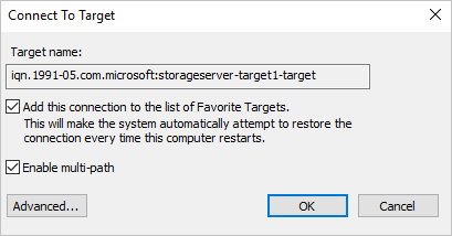 La boîte de dialogue « Se connecter à la cible » affiche les valeurs spécifiées. Un bouton Avancé et un bouton OK sont disponibles.