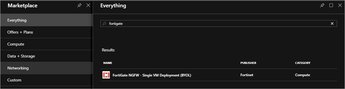 La capture d’écran montre une seule ligne de résultats à partir de la recherche de « fortigate ». Le nom de l’élément trouvé est « FortiGate NGFW - Single VM Deployment (BYOL) ».