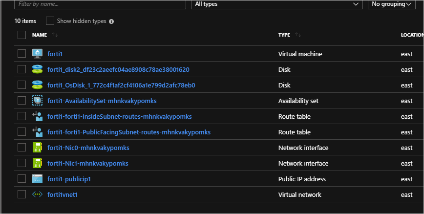 Voici une capture d'écran de la liste des ressources du groupe de ressources forti1-rg1.