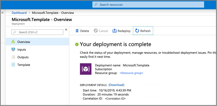 La page Vue d’ensemble de la boîte de dialogue Microsoft.Template indique « Votre déploiement a été effectué » et fournit les détails correspondants.