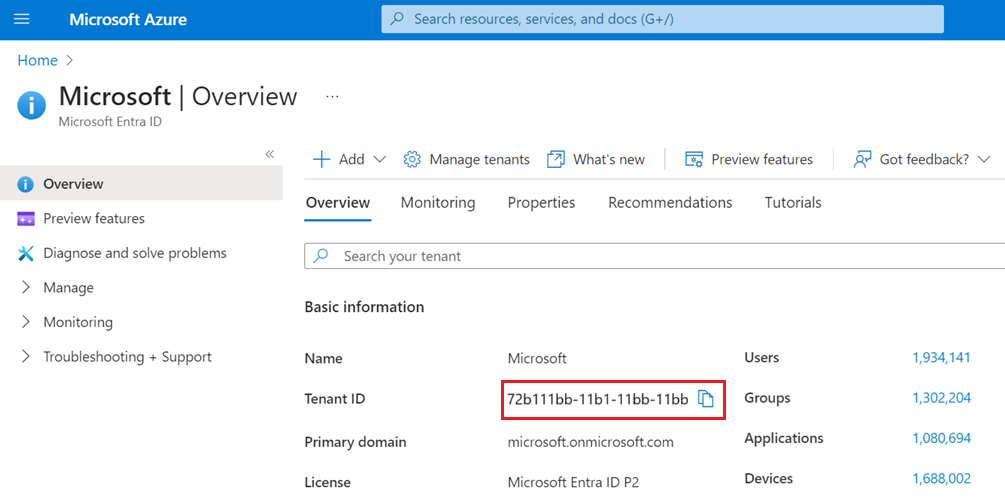 Screenshot demonstrates how to get the Azure AD B2C tenant ID.