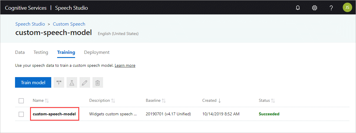 Capture d’écran de la page d’entraînement de Custom Speech.