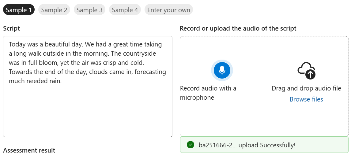 Capture d’écran illustrant le chargement de l’enregistrement audio à évaluer.