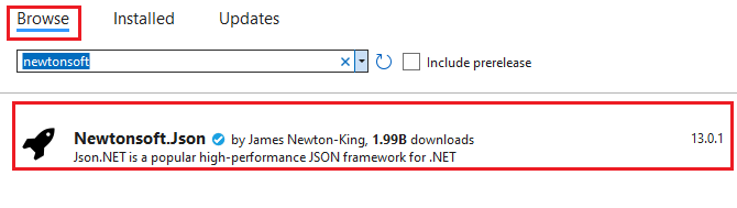 Capture d’écran de la fenêtre d’installation des packages NuGet.