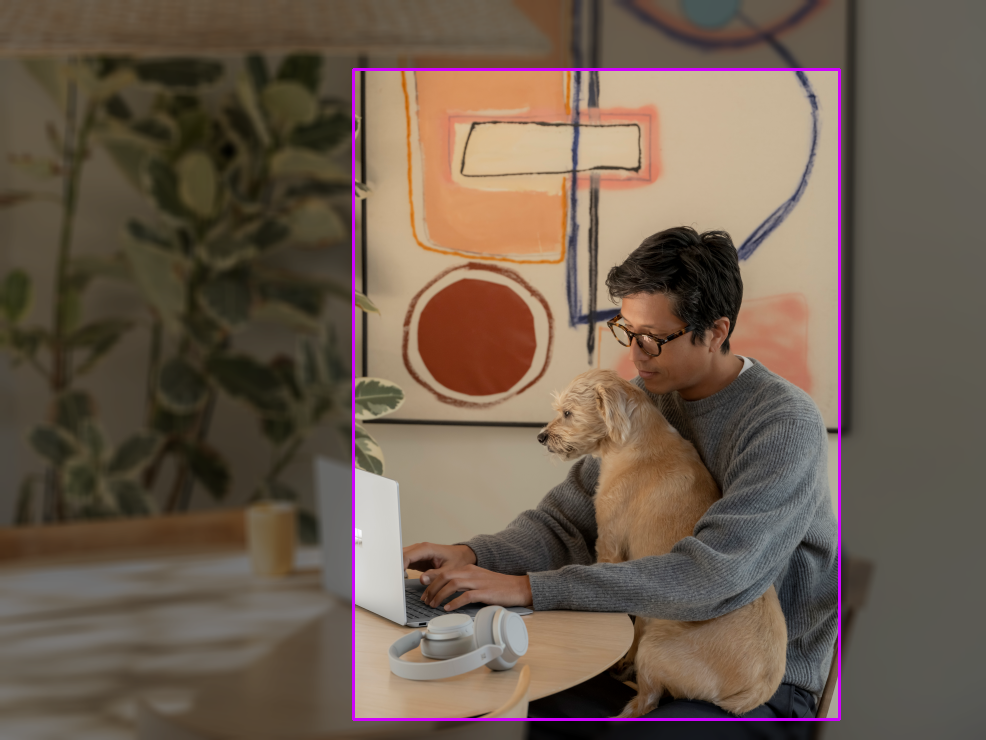 Photo d’un homme avec un chien à une table. Un cadre englobant avec une proportion de 0,75 est dessiné.