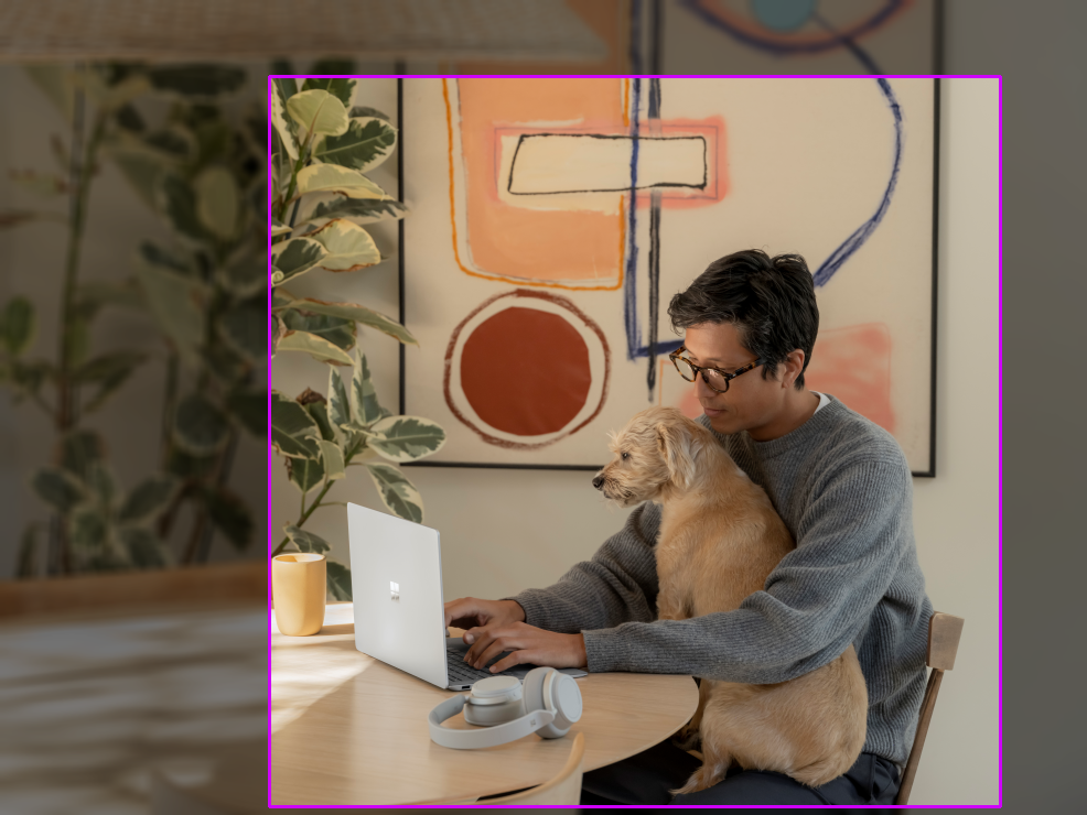 Photo d’un homme avec un chien à une table. Un cadre englobant avec une proportion de 1 est dessiné.