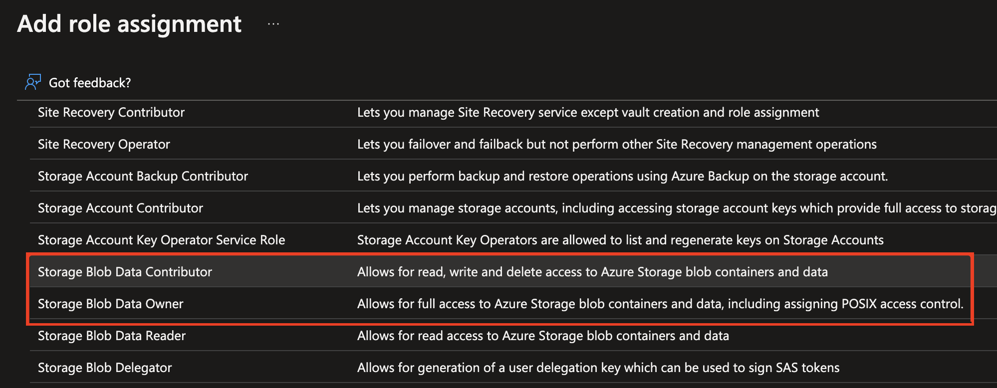 Capture d’écran des rôles assignés dans le portail Azure.