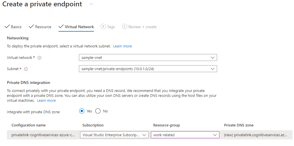 Capture d’écran montrant la procédure de configuration d’un point de terminaison privé.