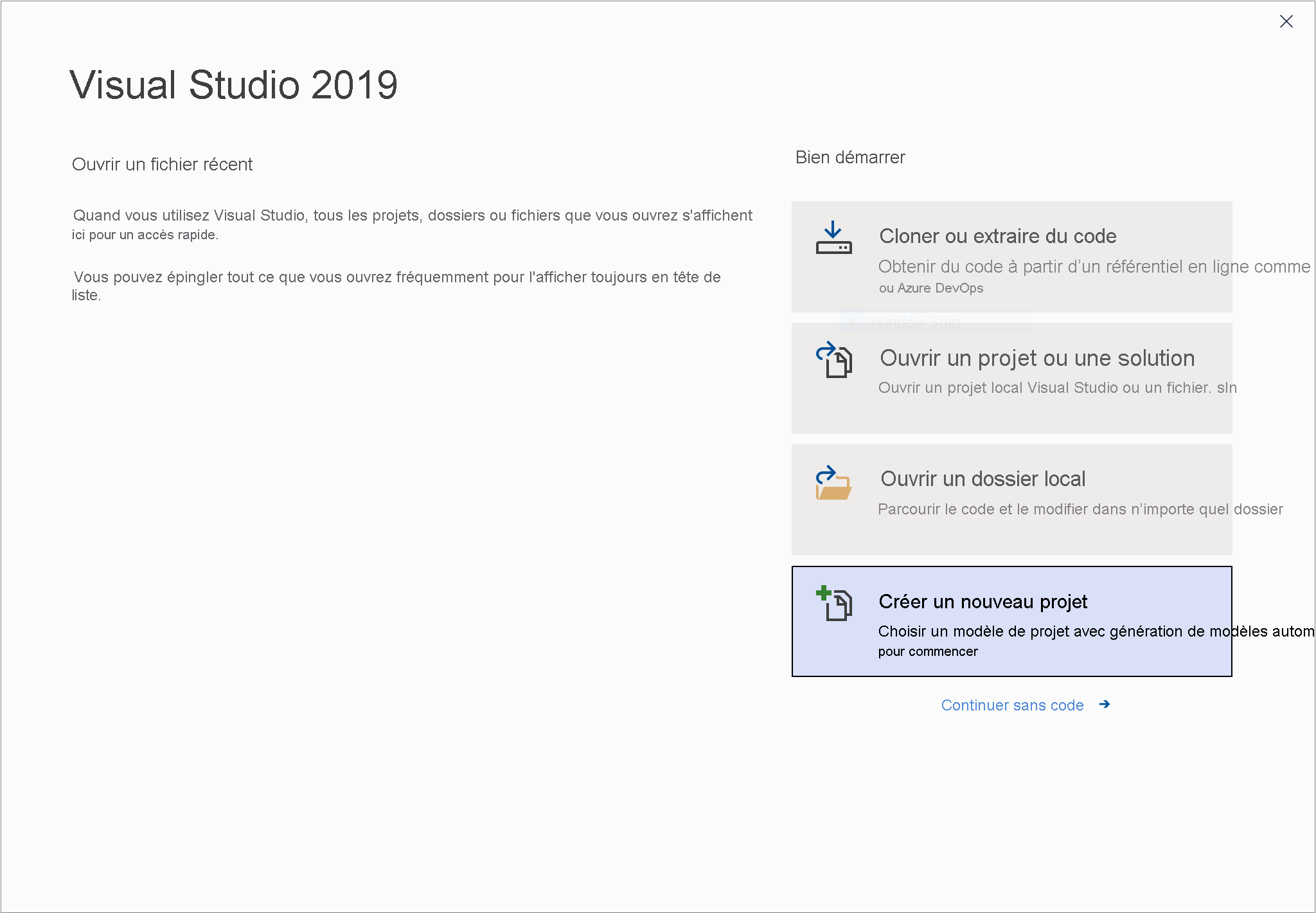 Capture d'écran de la fenêtre de démarrage de Visual Studio.