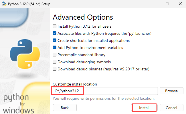 Capture d’écran de l’étape 3 de l’installation de Python avec un emplacement personnalisé.