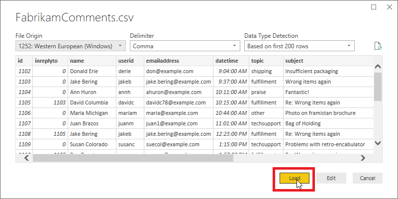 La boîte de dialogue Importation CSV