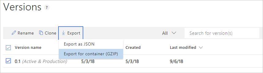 Exporter le package entraîné pour le conteneur à partir du menu Export de la page Versions