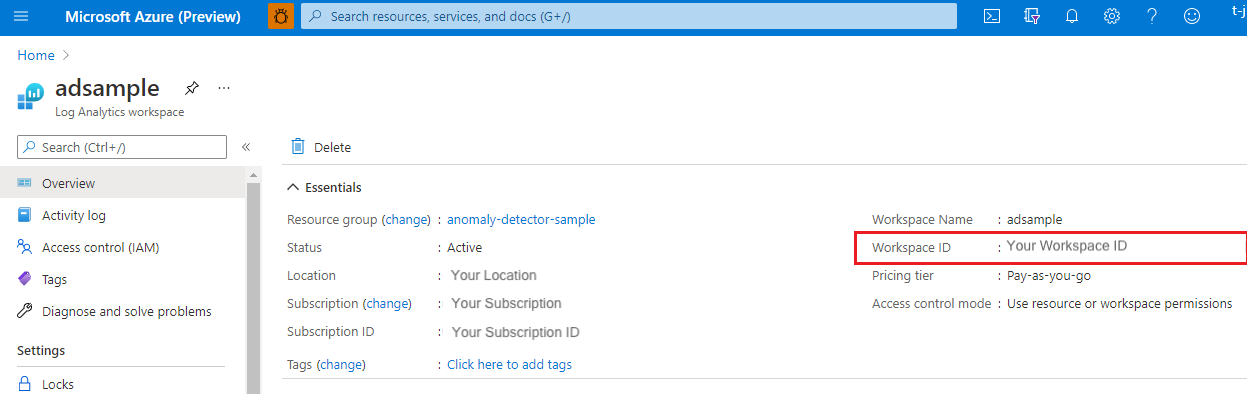 Capture d’écran montrant où trouver l’ID d’espace de travail dans le portail Azure.