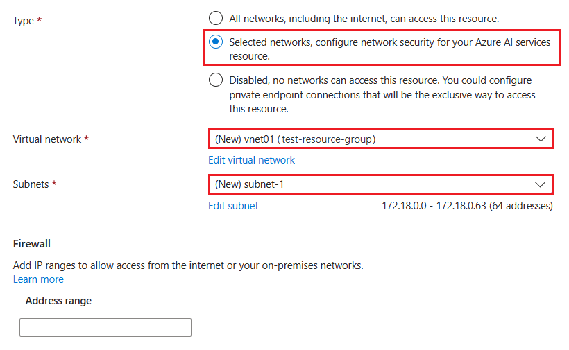 Capture d’écran montrant comment configurer la sécurité réseau pour une ressource Azure OpenAI qui autorise uniquement des réseaux spécifiques.