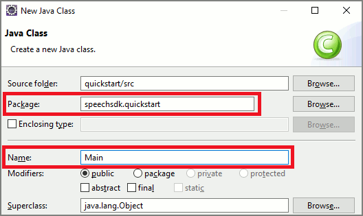 Capture d’écran de la fenêtre de nouvelle classe Java