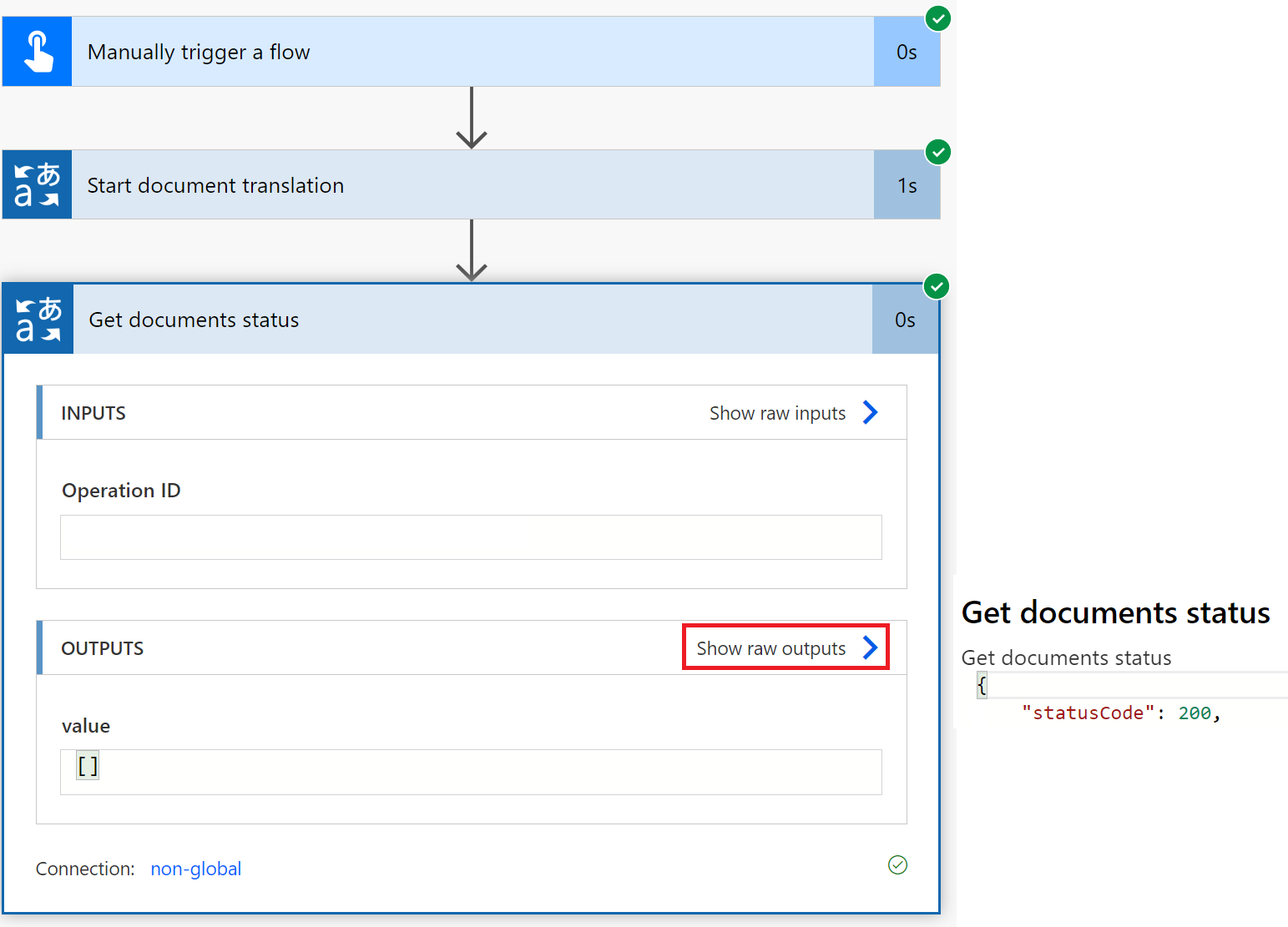 Capture d’écran montrant la réponse JSON « Obtenir le statut des documents ».