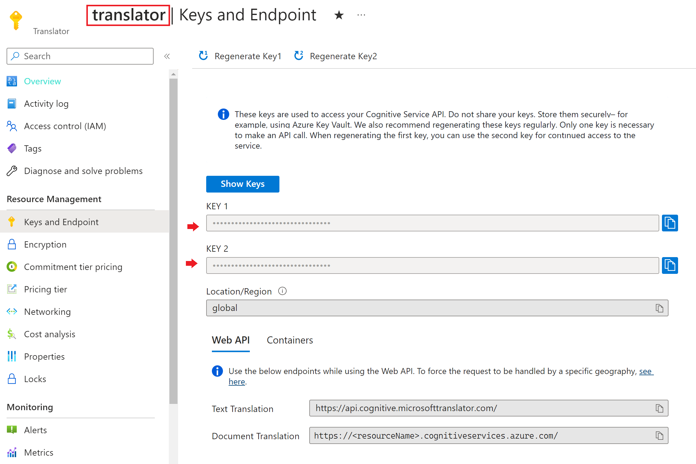 Capture d’écran montrant la clé et l’emplacement du point de terminaison dans le Portail Azure.