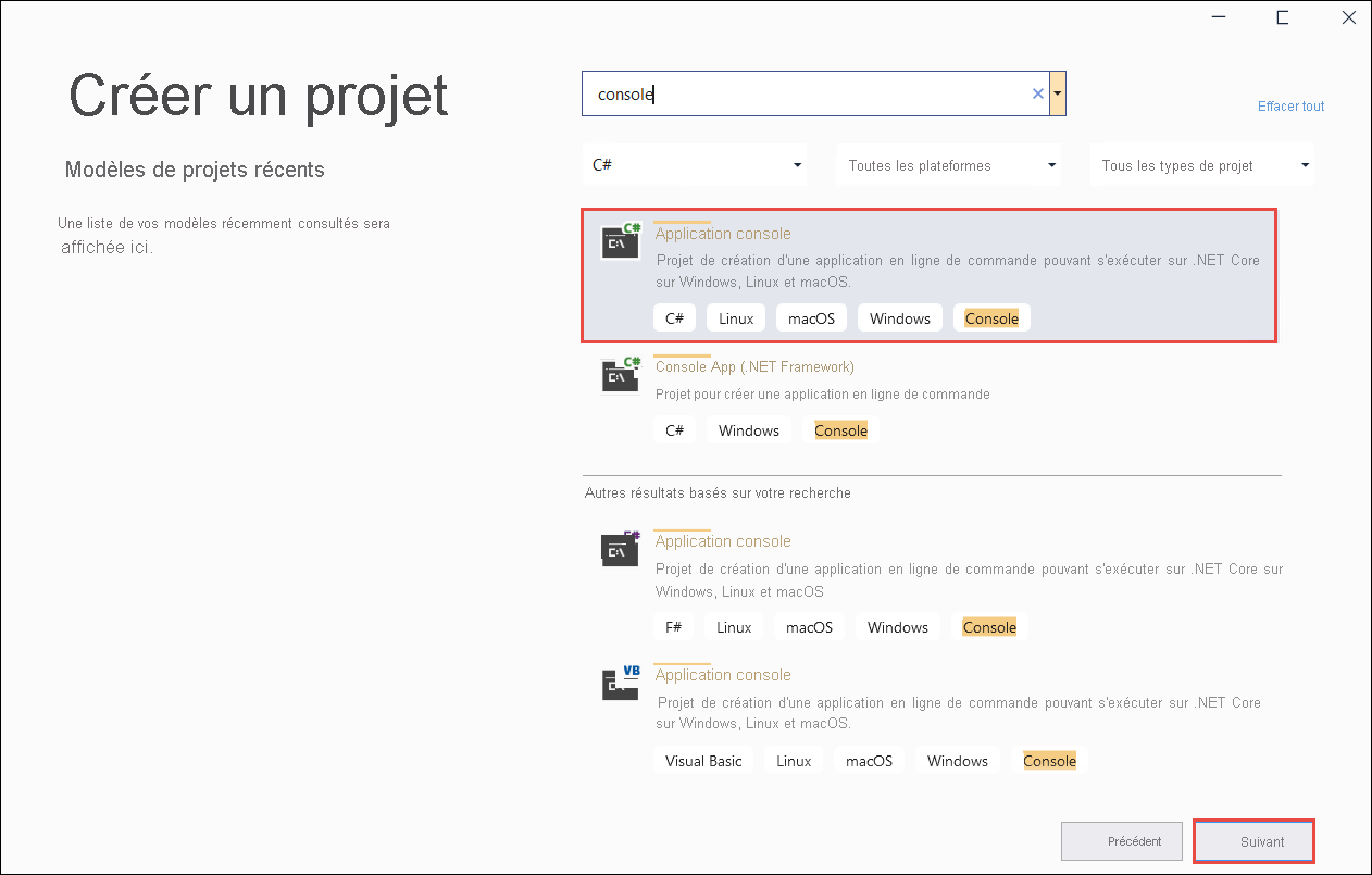 Capture d'écran : La page de création d'un nouveau projet de Visual Studio.