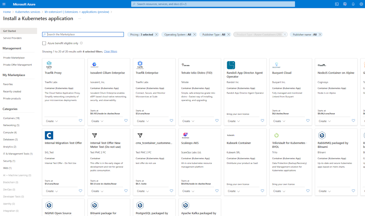 Capture d’écran des offres Kubernetes dans le portail Azure.