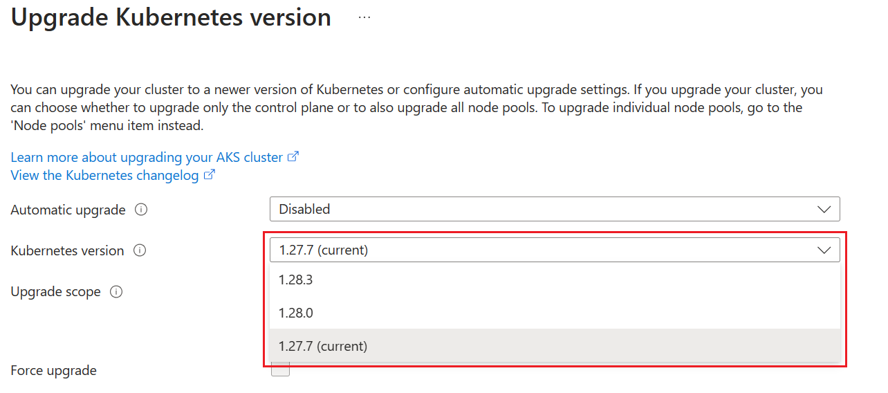 Capture d’écran de l’écran Mettre à niveau la version avec les versions de mise à niveau disponibles.