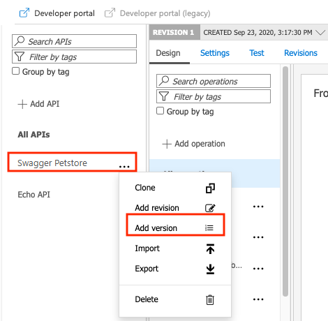 Capture d’écran montrant la commande permettant d’ajouter une version dans le menu contextuel de l’API dans le portail.