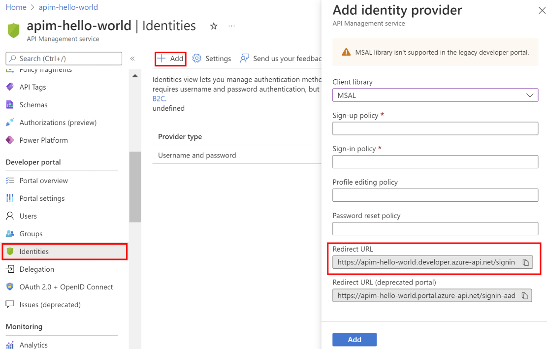 Capture d'écran de l'URL de redirection dans le portail.