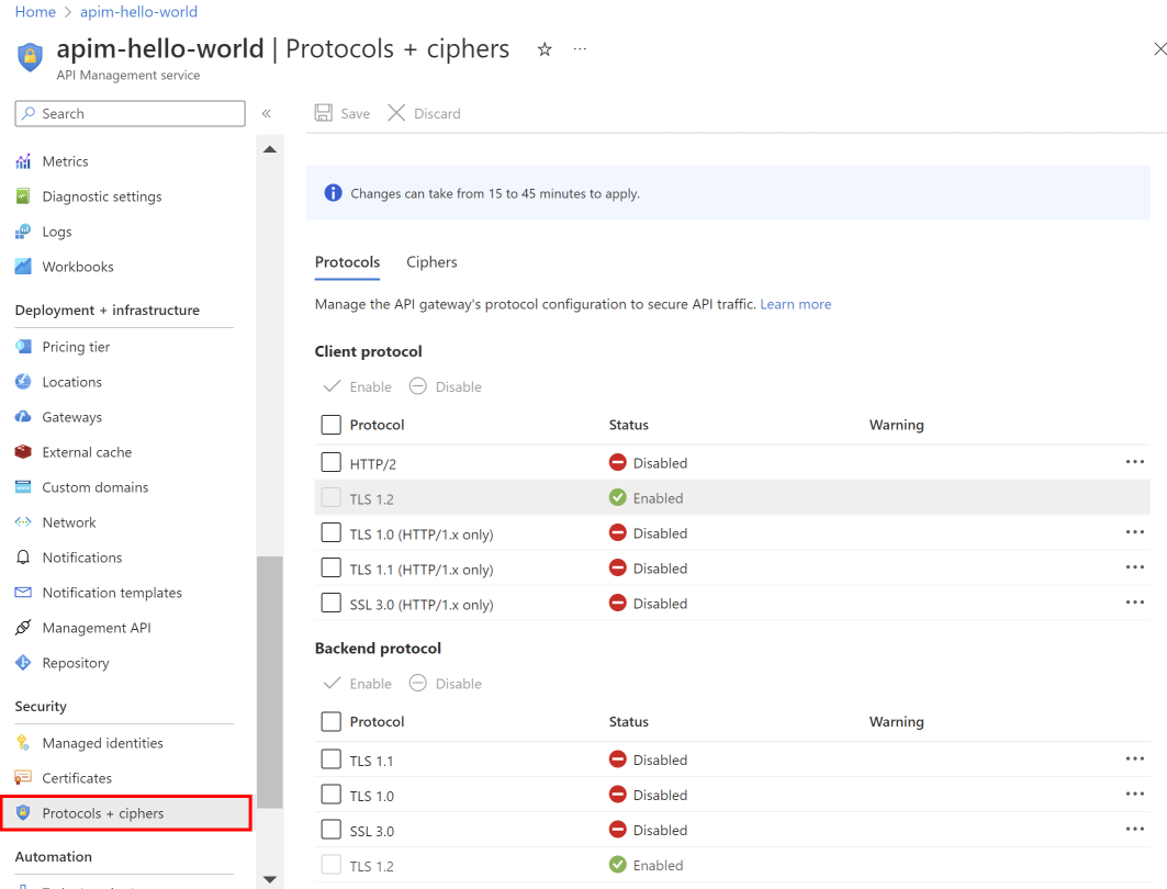 Capture d’écran de la gestion des protocoles et des chiffrements dans le portail Azure.