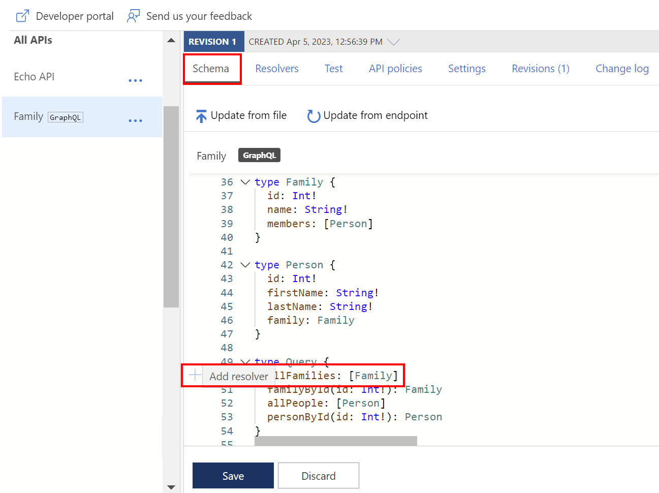 Capture d’écran de l’ajout d’un programme de résolution à partir d’un champ dans le schéma GraphQL du portail.