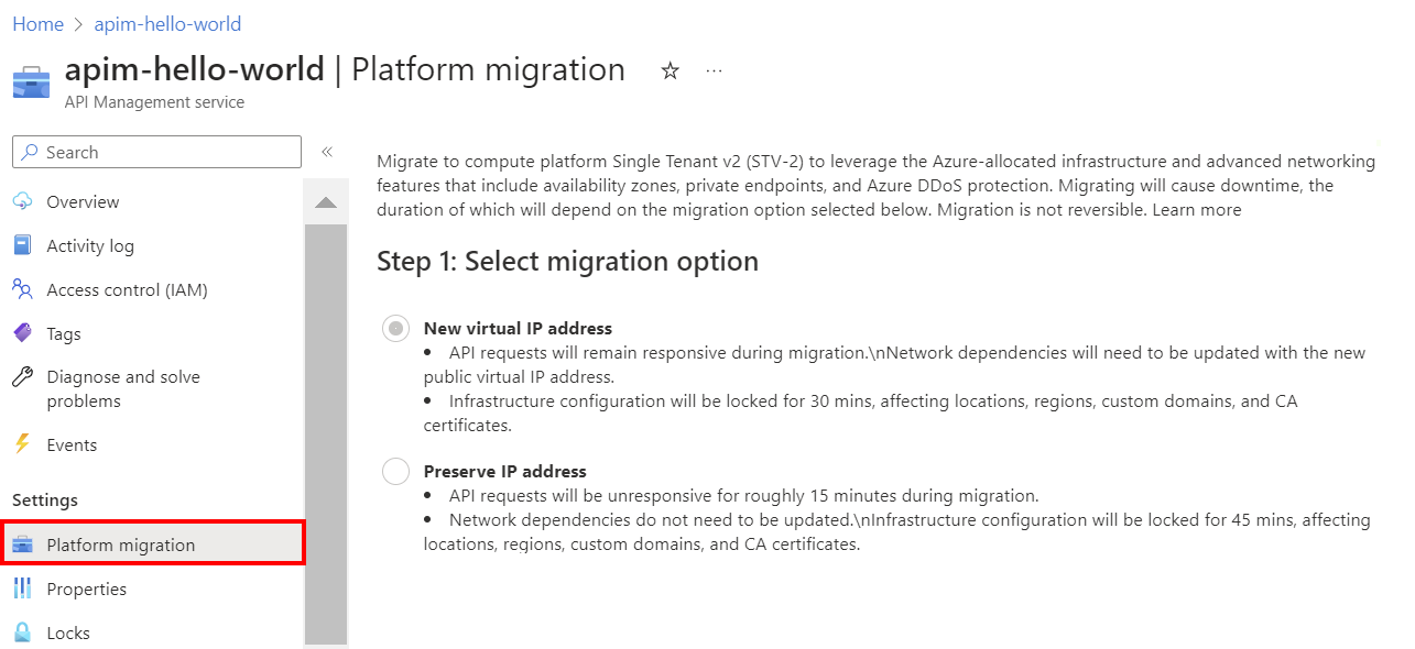 Capture d’écran de la migration de la plateforme de Gestion des API dans le portail.