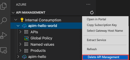 Capture d’écran de la suppression de l’instance Gestion des API à partir de Visual Studio Code.