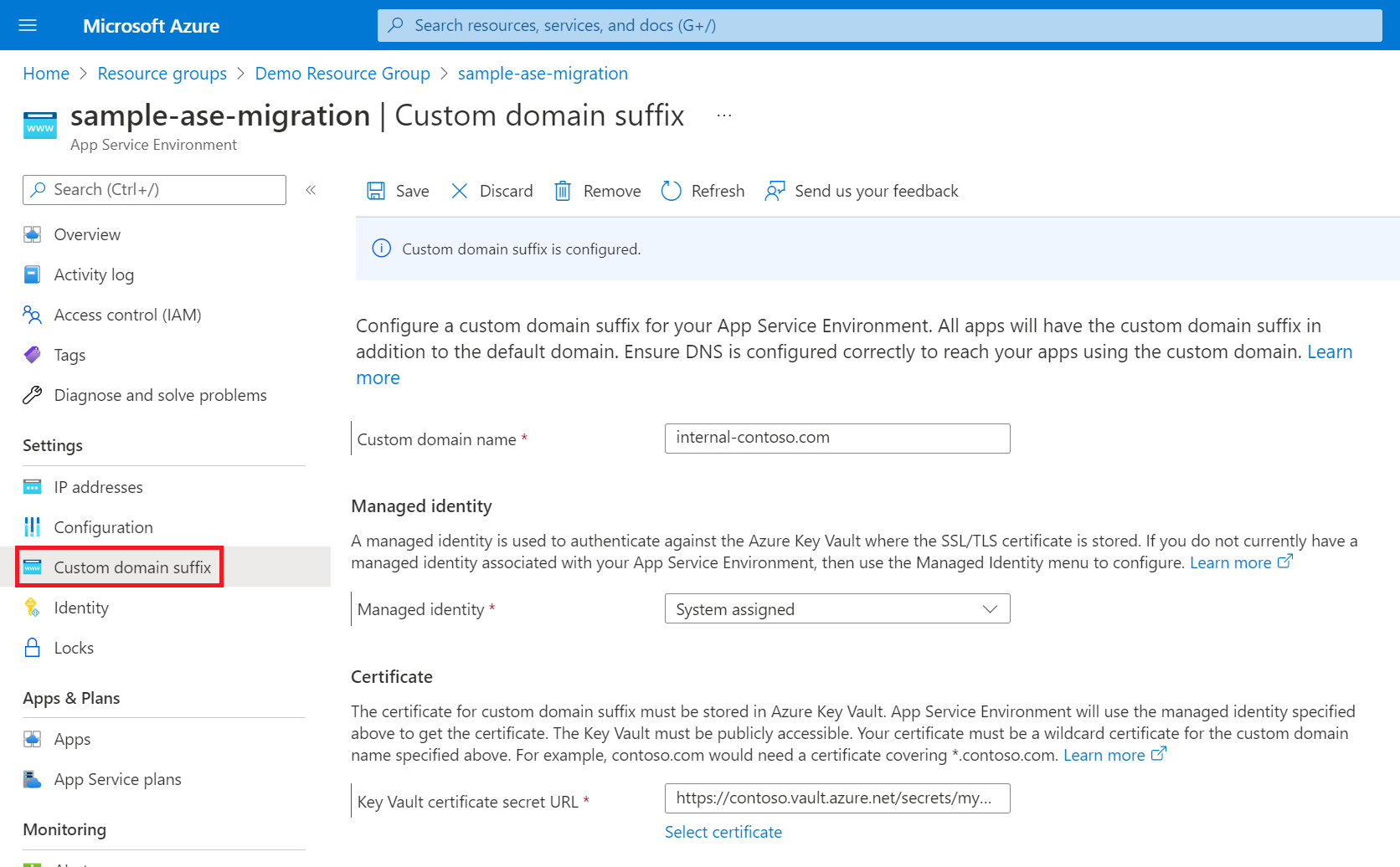 Capture d’écran présentant la page de la configuration du suffixe de domaine personnalisé pour App Service Environment v3.