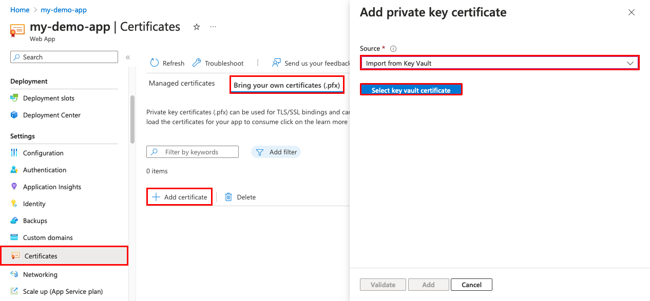 Capture d’écran de la page de gestion des applications avec les options « Certificats », « Apportez vos propres certificats (.pfx) » et « Importer depuis Key Vault » sélectionnées.