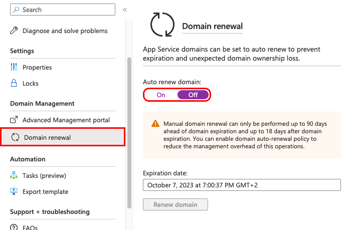 Capture d’écran montrant l’option de renouvellement automatique de votre domaine.