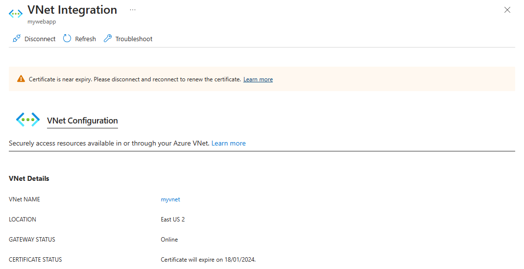Capture d’écran montrant un certificat d’intégration de réseau virtuel requis pour la passerelle à expiration proche.