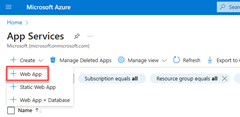 Capture d’écran de l’emplacement du bouton Créer sur la page App Services dans le portail Azure.