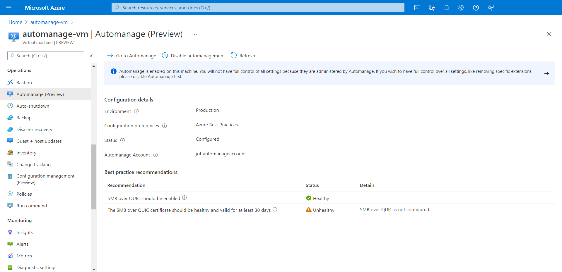 Voir les stratégies SMB sur QUIC pour une machine virtuelle.